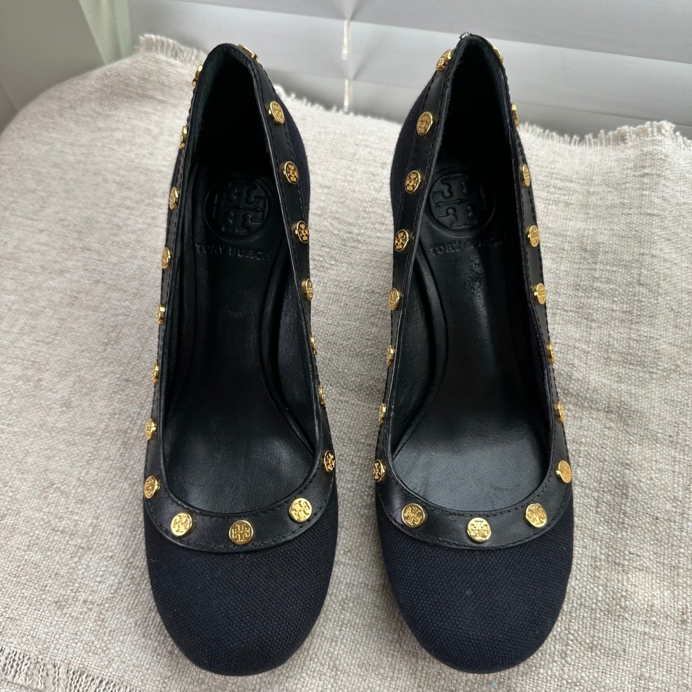 Tory Burch Black Canvas Leather Logo Medallion Block Heel Pumps Womens 6M - Picture 6 of 10